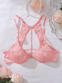 Romantischer französischer Stil Bügel-BH mit 3/4 Tasse und Vorderverschluss, mit Spitzenbesatz hinten, Damen Dessous - Pink - Übersicht 4