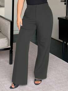 Dazy Plus Plus Size Solid Color Loose Straight-Leg Casual Black Long Pants, All Season Women Dress Pants Fall - Dark Grey - View 3