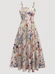 Franclia Plus Size Women's Wide Shoulder Sleeveless Waist Cinched Flared A-Line Floral Vacation Casual Dress