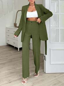 EURMUSE Grey Long Jacket And Straight Pant Two Pieces - Army Green - View 6
