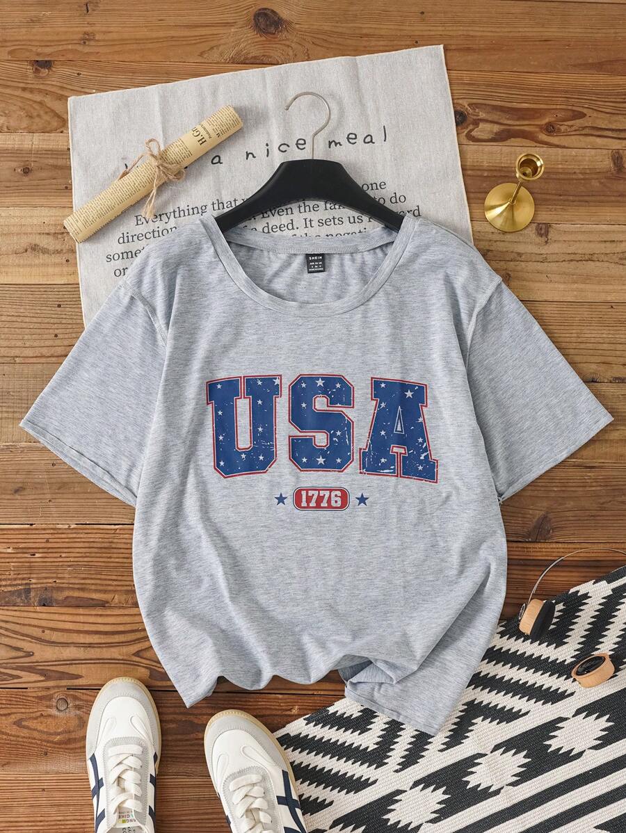 TrendSteals Vintage USA Stars Pattern Loose Fit Casual Women T-Shirt, Suitable For Summer Back To School - Grey - View 1