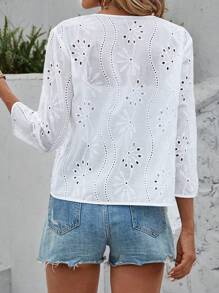 SHEIN PETITE 刺绣镂空白色女式夹克，休闲度假风圆领前开七分袖，日常百搭，舒适高性价比面料