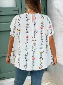 SHEIN CURVE+ Plus Size Women Holiday Lace Floral Print Petal Short Sleeve Shirt Summer/Country/Beach Vacation/Beach Wear Tops Summer White Blouses Boho For - Multicolor - View 4