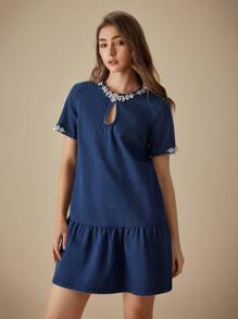 SHEIN LUNE Women's Elegant Diamond Decor Denim Midi Dress, Summer - Blue - View 3