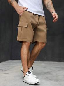 Manfinity Homme Plus Size Men's Summer Casual Street Drawstring Waist Flap Pocket Cargo Shorts - Khaki - View 4