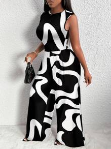 Slaydiva Casual Geometric Pattern Plus Size Jumpsuit With Sleeveless Top, Summer