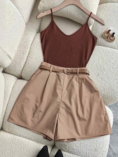 Franclia 2pcs Women Summer Business Casual Set: Coffee Brown Sleeveless Camisole Bodysuit With Pocket & Belt Decor, Striped Wide Leg Shorts