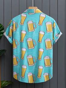 Manfinity Homme Camisa masculina casual de férias com estampa de copo de cerveja e manga curta, verão - Verde - Ver 2