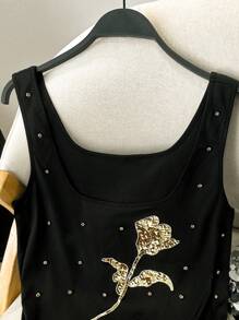 INAWLY 大码串珠刺绣亮片装饰V领背心 - 黑色 - 查看 3