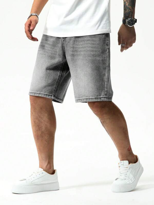 Manfinity Hypemode Men's Casual Slant Pocket Denim Shorts, Summer Street Fashion Men Grey Denim Shorts