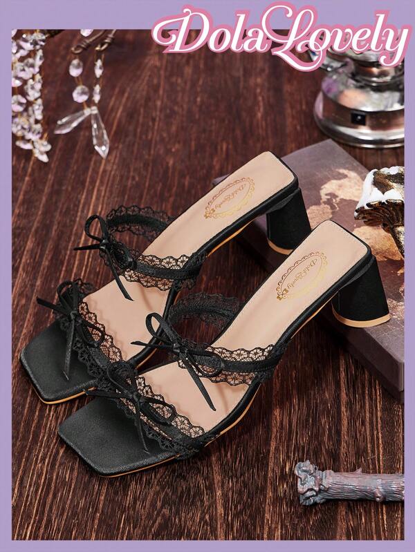 Dola Lovely Black Bow Lace Minimalist Square Toe Chunky/Stiletto Heel Mid/High Heel Elegant Versatile Comfortable Slip-On Pumps/Sandals For Women, Suitable For Office, Casual, Party, Formal Occasions
