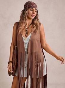 Freevana Autumn/Winter Brown Tassel Bohemian Style Country Music Festival Long Sleeveless Women Casual Coat Vacation Outfits Woman Vacation Outfits Woman