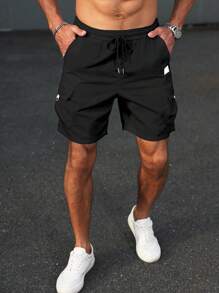 Manfinity Homme Men's Casual Solid Color Drawstring Waist Straight Leg Cargo Shorts - Black - View 1