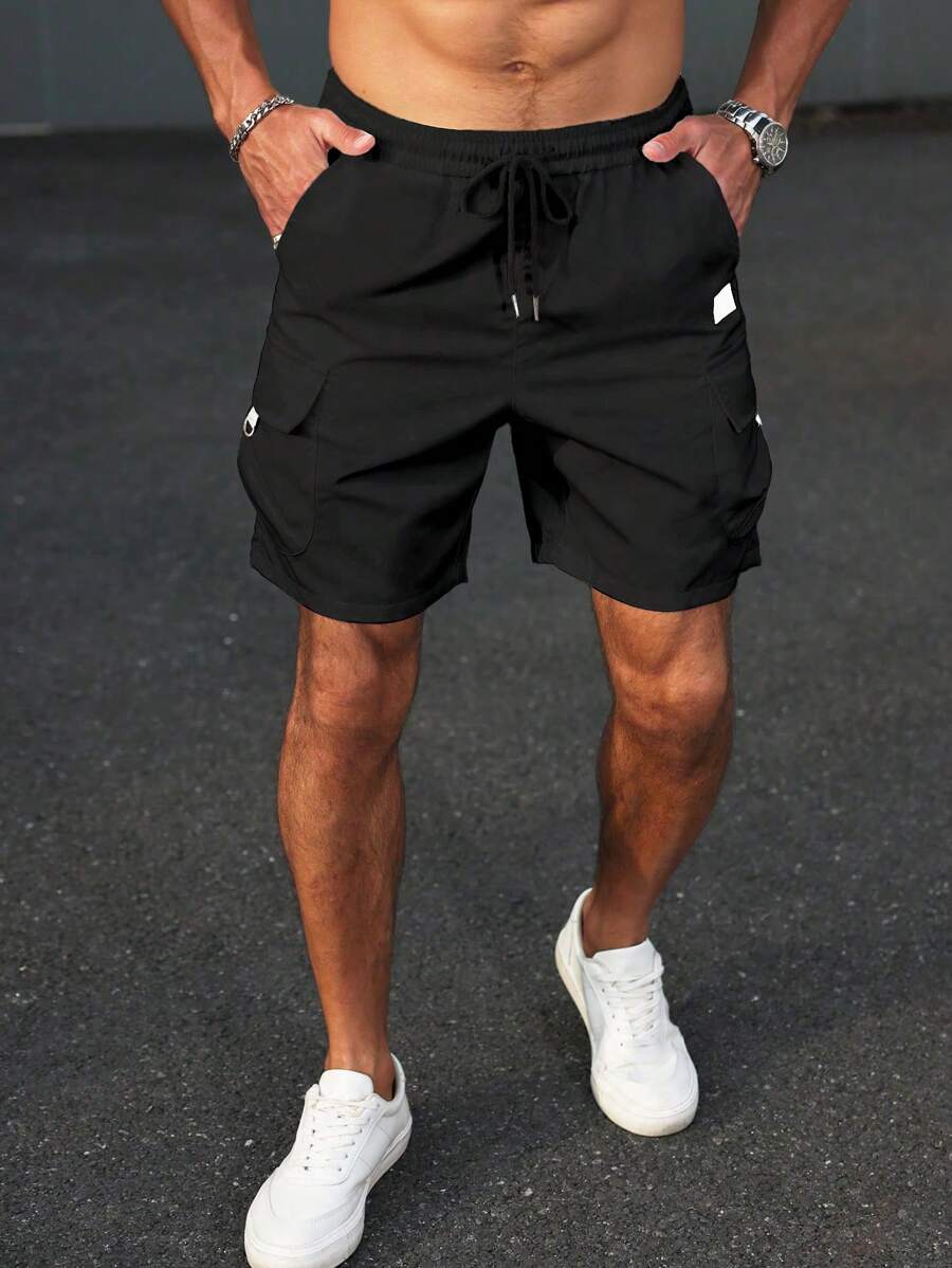 Manfinity Homme Men's Casual Solid Color Drawstring Waist Straight Leg Cargo Shorts - Black - View 1