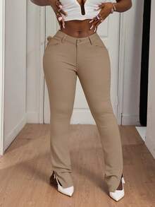 SHEIN SXY Quần Jeans Nữ Ống Loe Thường Ngày Đa Năng - Màu be - Xem 4