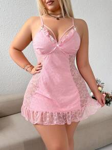 PetitDoll Plus Size Sexy Lace Slip Dress With Ruffled Trim And Open Back Design - Baby Pink - View 5