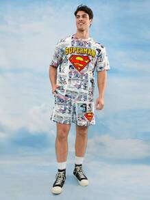 SUPERMAN X SHEIN 男士字母印花圆领短袖T恤，夏季 - 彩色 - 查看 3