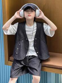 DAZY Tween Boy Casual Washed Denim Top + Denim Shorts Set, Summer