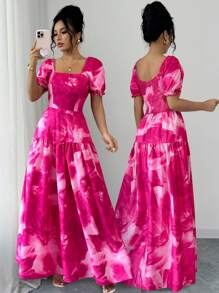 Chiquease 花卉印花腰部抽绳拼接 A 字型女式泡泡袖短袖荷叶边下摆休闲连衣裙