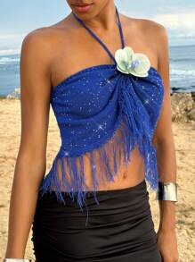 Opulessa 女士度假休闲印花亮片装饰流苏下摆露背吊带上衣，适合夏季度假 - 藍色 - 查看 1