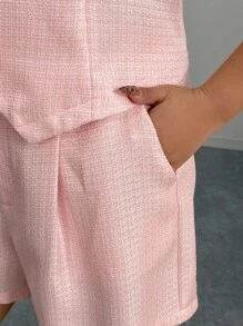 Elenzga 2pcs Women Plus Size Fashion Woven Summer Pink Sophisticated Lady Suit Vest And Shorts Set - Pink - View 7