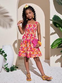 SHEIN 女童热带植物印花交叉背蝴蝶结装饰腰部梭织连衣裙 - 玫紅色 - 查看 4