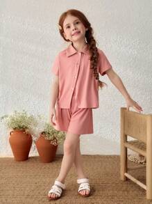 Blossori Conjunto de Camisa de Manga Curta com Gola de Tricô e Shorts para Meninas em Férias no Campo