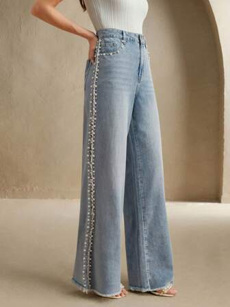 Anewsta جينز نسائي أزرق كحلي أنيق بالخرز والجيوب، ساق مستقيمة
