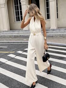 SHEIN Frenchy Women's Fashion Holiday Casual Romantic Halter Backless Jumpsuit Summer - Apricot - View 6