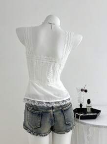 Elamini 复古镂空撞色蕾丝腰收腰吊带背心 - 白色 - 查看 2