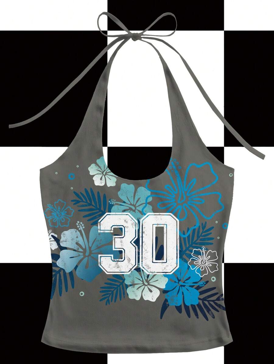 Y2Kool Maria Clara Maia 女式休闲花卉印花露背上衣，夏季俱乐部外出装，2000 年代返校风格 - 灰色 - 查看 1