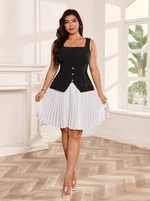 Bellastra Square Neck Simple Sleeveless Pleated Patchwork Dress - Black and White - View 4