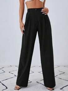 EURMUSE Solid Slant Pocket Wide Leg Suit Pants - Black - View 4