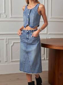 少女复古时尚街头都市风格吊带牛仔背心无袖修身开衫上衣 & 松紧腰带开扣拉链口袋怀旧毛边牛仔裙 2 件套