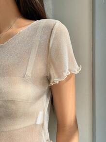 DAZY 生菜边透明网眼上衣（不含吊带背心）上衣、短款上衣、女式学院风上衣 - 杏色 - 查看 6