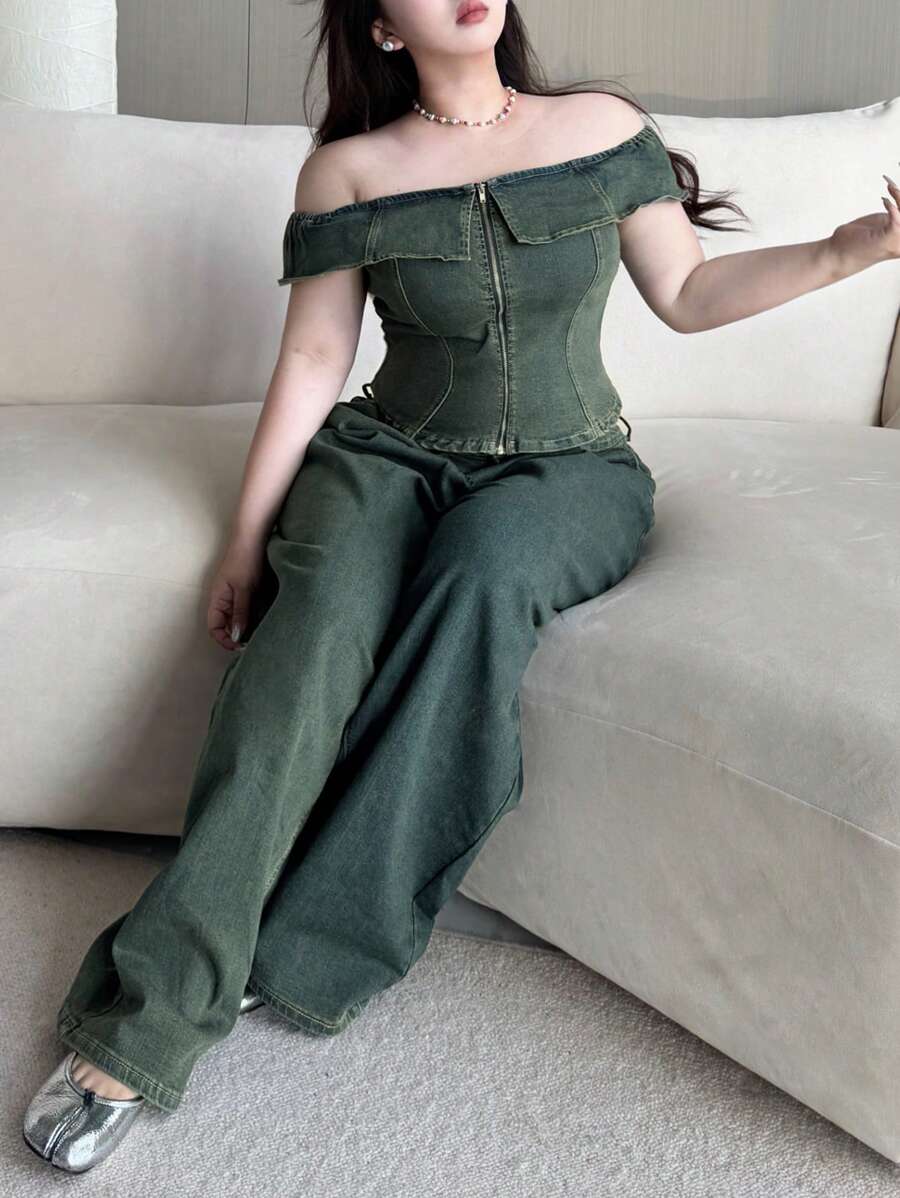 Dazy Plus Plus Size Washed Retro Zip Front Denim Camisole & Wide Loose Fit Denim Pants 2 Pieces Set, Off Shoulder Top, Back To School Clothes - Light Wash - View 1
