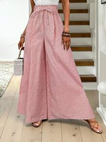 Easowa 女式蓝白条纹棉质口袋阔腿裤 - 紅色 - 查看 3