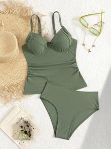 Swim Lushoire Ladies' Summer Beach Music Festival Underwire Model Cup Thick Shoulder Strap High Waist Elegant Vacation Style Tankini Set
