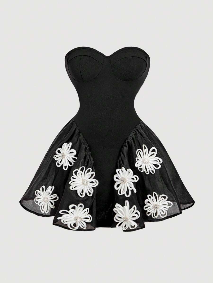 SHEIN MOD Solid Color Elegant 3D Floral Bubble Mini Dress, Black ...