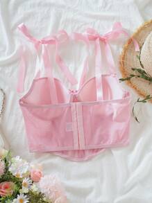 SHEIN 1 件女士不对称下摆蝴蝶贴花紧身性感文胸 - 粉色 - 查看 6