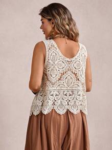 SHEIN VCAY 新款大码女士镂空针织上衣，宽松无袖轻薄夏季罩衫，短款上衣，女士外出上衣，奶油黄色钩针上衣，针织度假上衣，夏季度假，乡村音乐会，狂欢节，音乐会，毕业典礼，欧洲夏季，纳什维尔海滩度假，热带度假