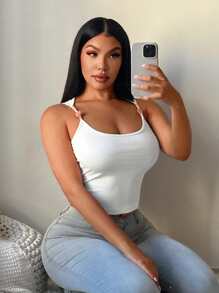 SHEIN SXY Women's White Casual Elegant Pearl Decor Square Neck Tank Top, Vacation Style White Tank Top Women Top