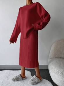 EURMUSE Chất rắn Thả vai Áo len & Váy - Màu Đỏ Sâu - Xem 3