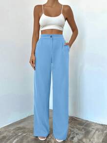 EURMUSE High Waisted Solid Color Trousers With Slanted Pockets - Dusty Blue - View 3