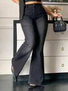 Dazy Plus Washed Black Distressed Elastic Slim Fit Jeans With Sequin Decor Flare Leg - Black - View 6
