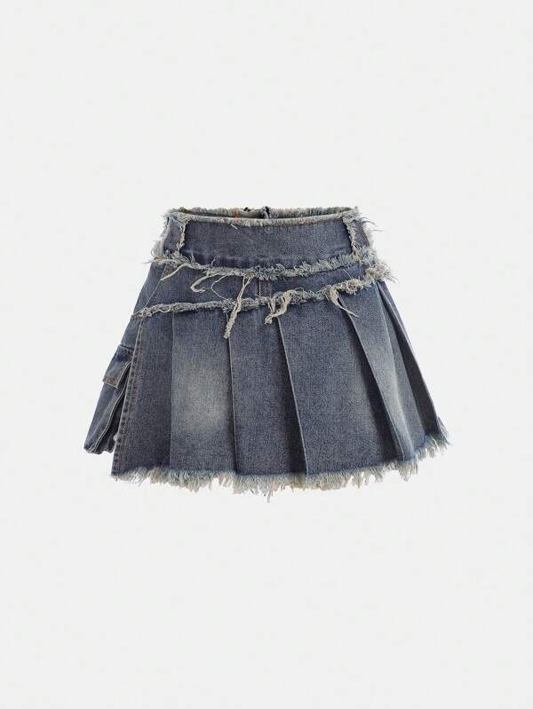 SHEIN Girlism Tween Girls Y2K Vintage Retro Washed Low Rised Denim Pleated Baggy Denim Jeans Skort Shorts,Girls Summer Boho Western Concert Rave Outfits Graduation Outfit For Tween Girl Clothes Costume Dailywear And Tween Girl Summer And Spring Rave Outfits Festival And Beach Outfits Clothes Jean Skirt Mini