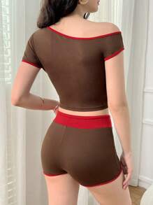 SHEIN ICON Asymmetrical Neck Short-Sleeve Elastic Waist Shorts 2-Piece Suit, Y2K Style, Tight Fit Red-Brown Stitched Small T-Shirt Drawstring Shorts Women Set