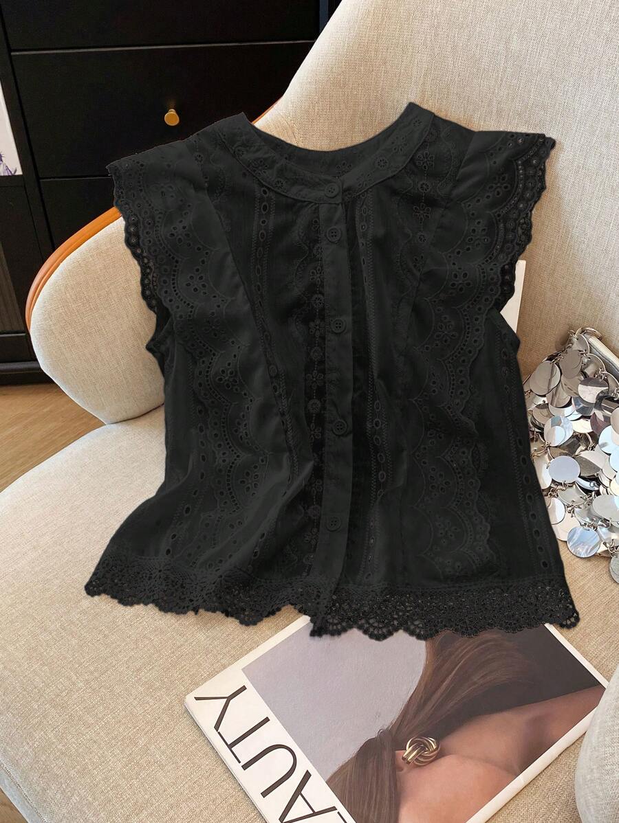 Franclia 女士纯色刺绣蕾丝边镂空休闲通勤衬衫学院风服装 - 黑色 - 查看 1