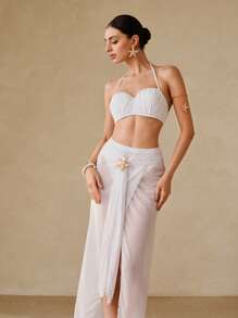 Swim Oasis Conjunto de 3 piezas de traje de baño para mujer - Traje de playa de color liso de alta gama con detalles metálicos - Blanco - Ver 5