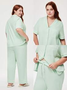 LUVLETTE Bộ đồ ngủ mùa hè dành cho nữ cỡ lớn, thoáng khí, 100% cotton nguyên chất, màu xanh lá cây, gồm áo ngắn tay cài cúc và quần dài, có túi. - màu xanh lá - Xem 2